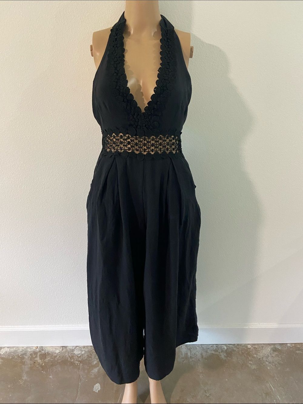 The clothing company Black Halter Crochet-Waist Jumpsuit Romper Sz S